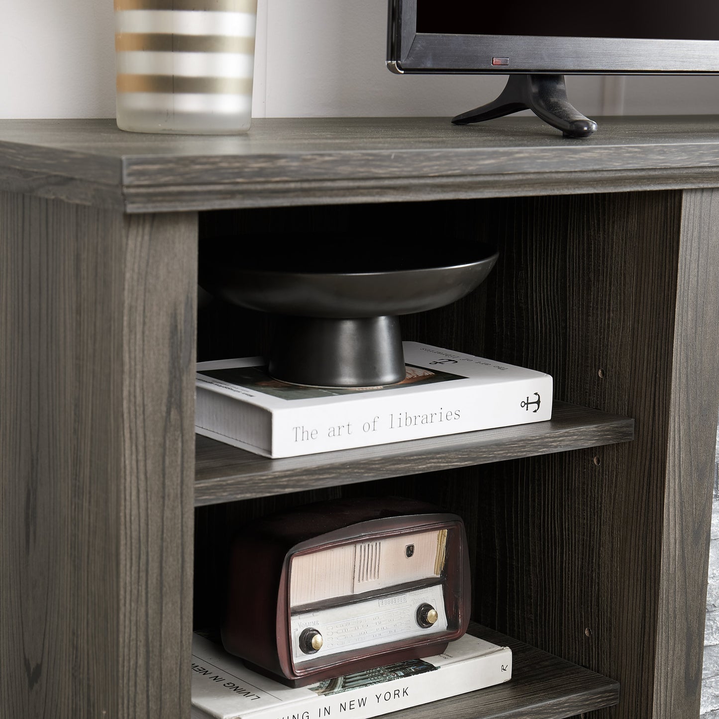Large TV Stand TV Desk Storage Rack with Faux Stacked Stone Surround,Media Console Table with Large Storage Cabinet,Modern TV Media Entertaionment Stand,GREY, 70.12'W*15.35'D*25.83'H