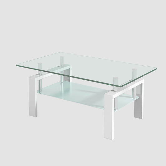 Luxury Modern Tempered Clear Glass Coffee Table with 2-Layers and Solid MDF Frame for Living Room
