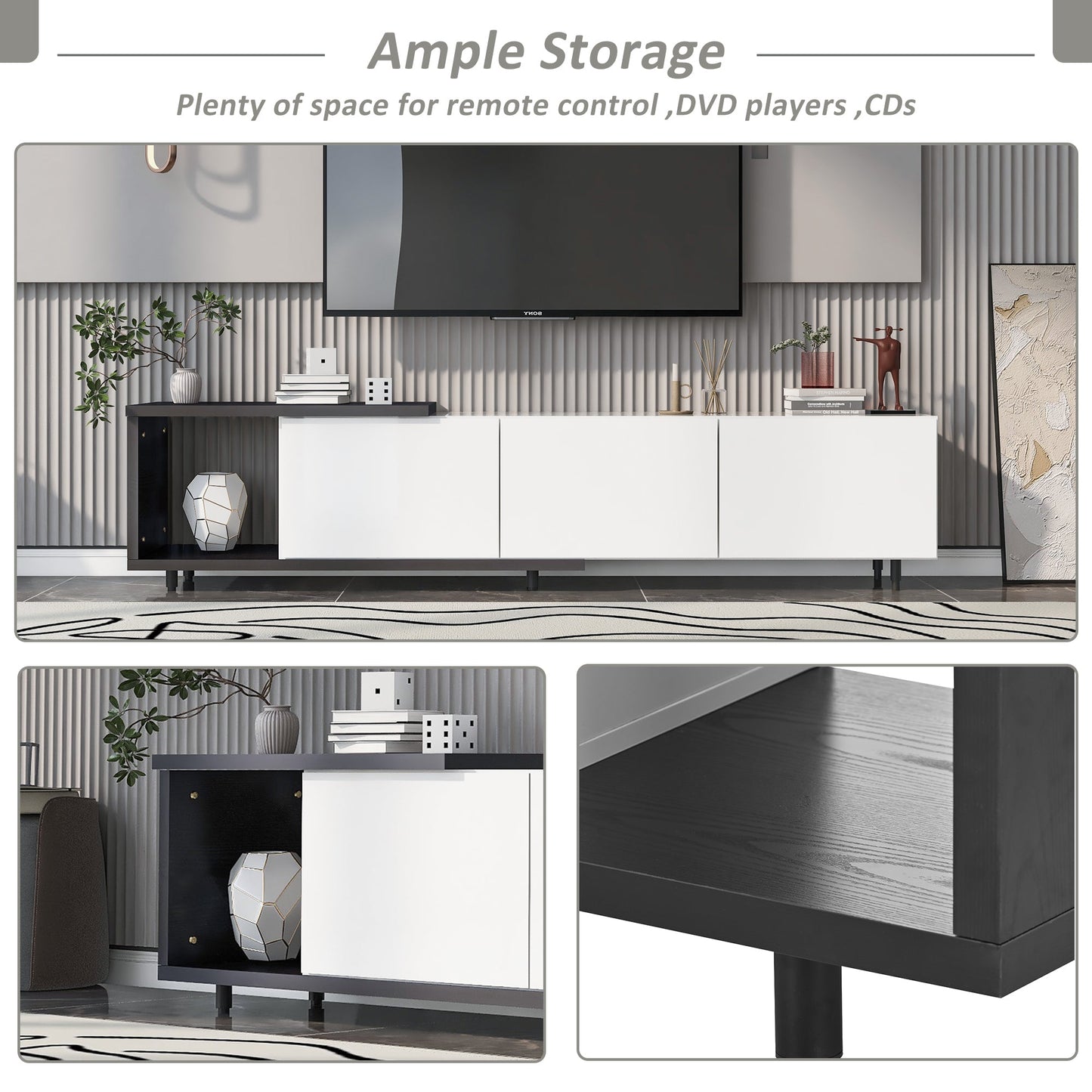U-Can  70.1''-100'' Modern Stylish ExtendableTV Stand  TV Cabinet for 80+inch TV, Black+White (Old SKU: WF299723AAK)