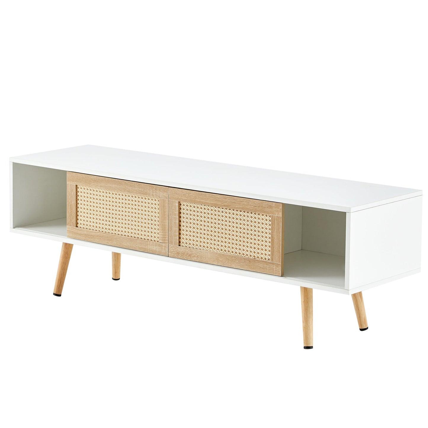 Modern Rattan TV Cabinet with Double Sliding Doors, Adjustable Shelf, Solid Wood Legs, White, 55.12 inches