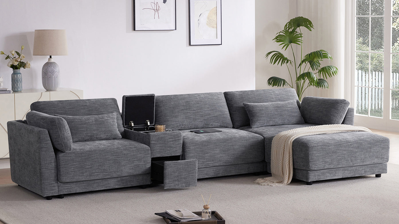 [VIDEO+NEW]124'' Modular Sectional Sofa with Storage Console and Movable Ottoman,33'' Wide Seat,4 Seat L Shaped Chenille Couch,Reversible Comfy Sofa with USB Charger for Living Room,Apartment,2 Colors