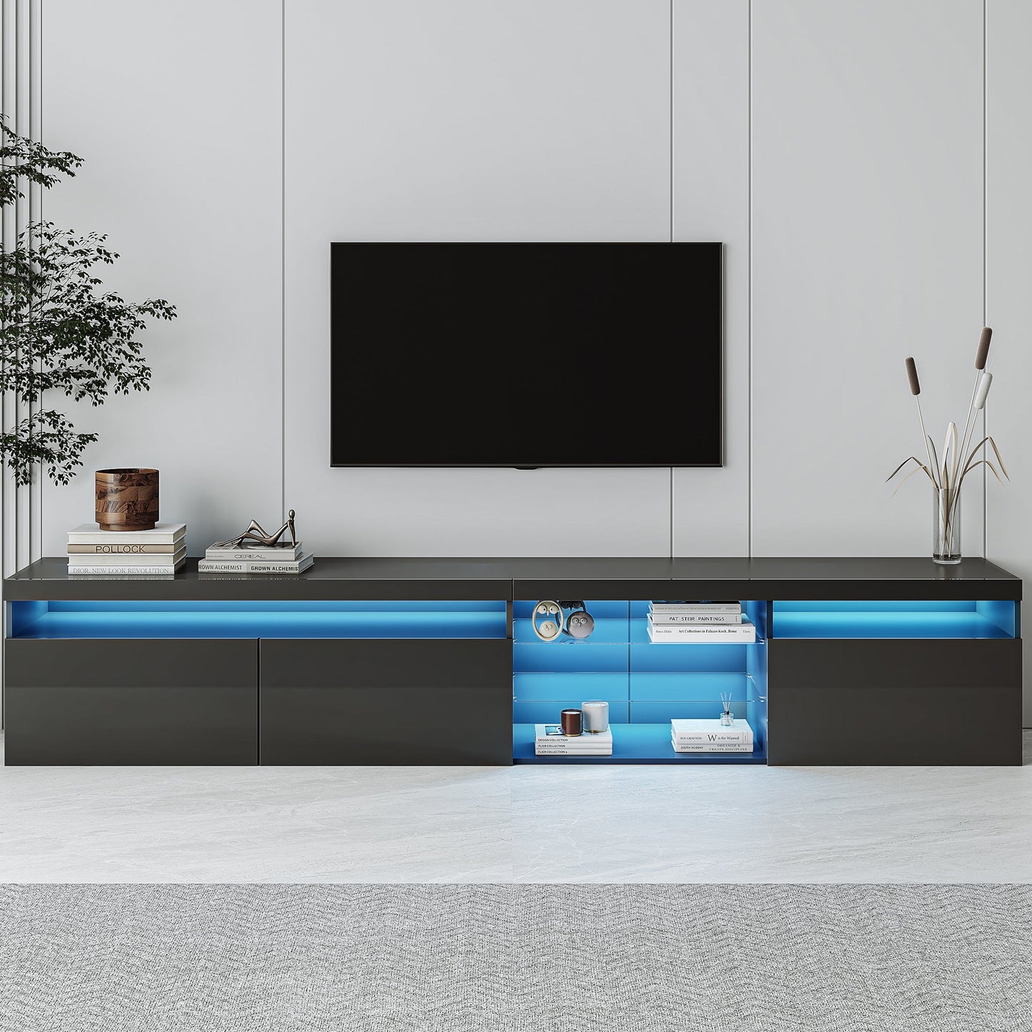 ON-TREND Unique Design TV Stand with 2 Glass Shelves, Ample Storage Space Media Console for TVs Up to 105', Versatile TV Cabinet with LED Color Changing Lights for Living Room, Black
