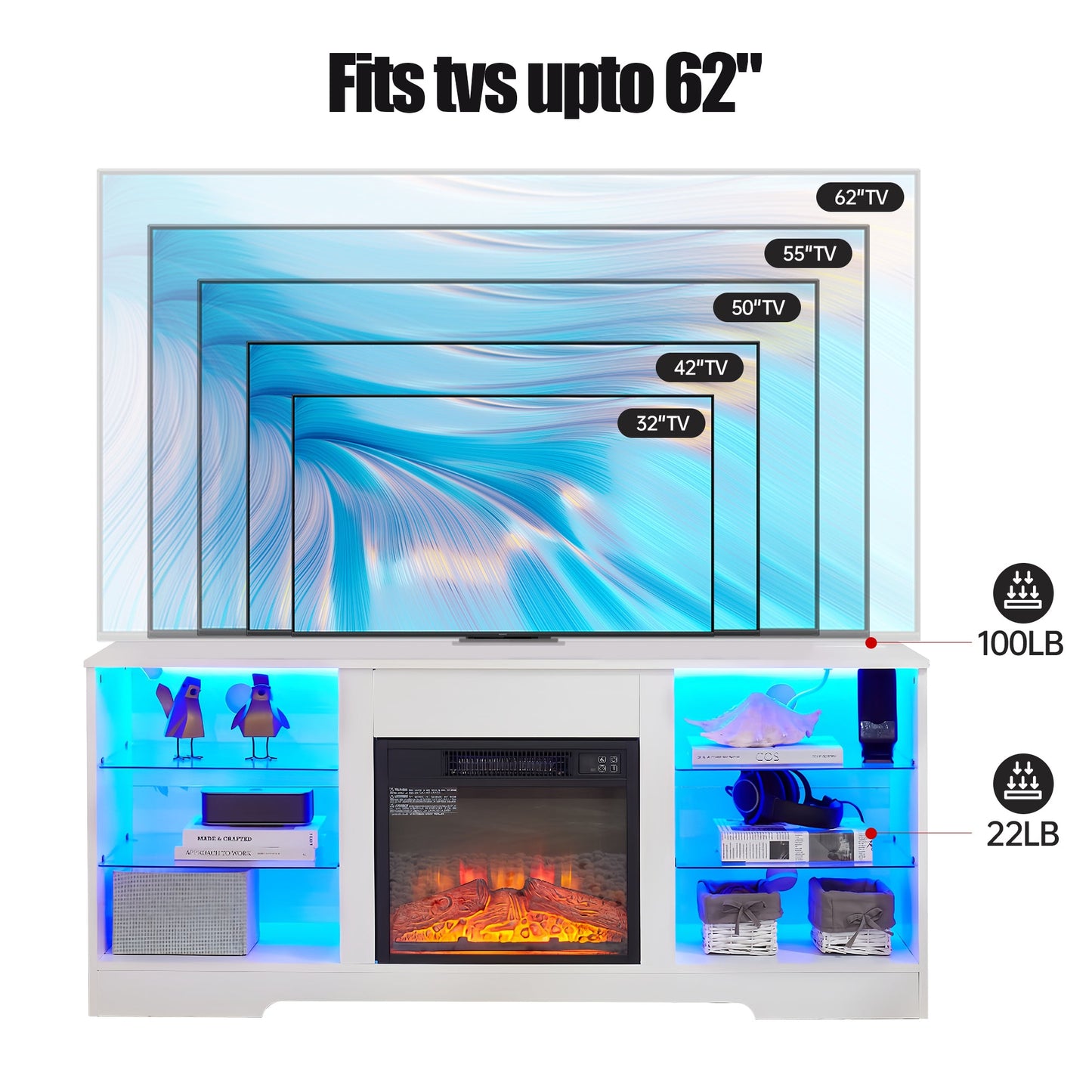 TV Stand Electric Fireplace TV Stand with Glass Shelves, 3D Fireplace TV Stand with LED Lights Wood with USB Charging Outlet Modern Television Table Center for TV up to 32-62' White 58''W*15.4''D*24.4