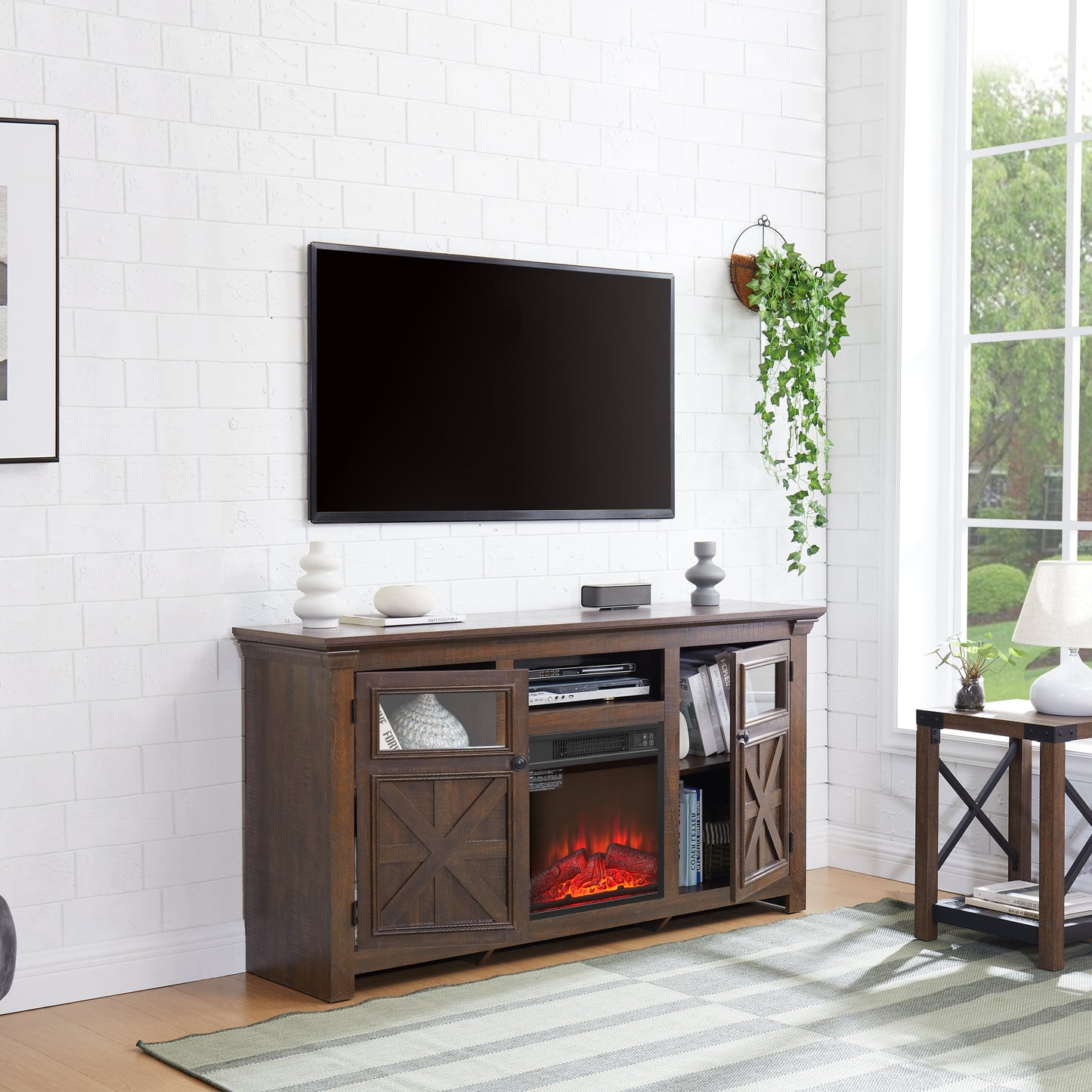 2 Doors Cabinet Farmhouse  Cabinet, Farmhouse TV Stand Barn Design,Farmhouse TV Media Stand, Large Barn Inspired Home Entertainment Console with 18' fireplace insert,Espresso,60.23'W*15.35'D*31.7'H