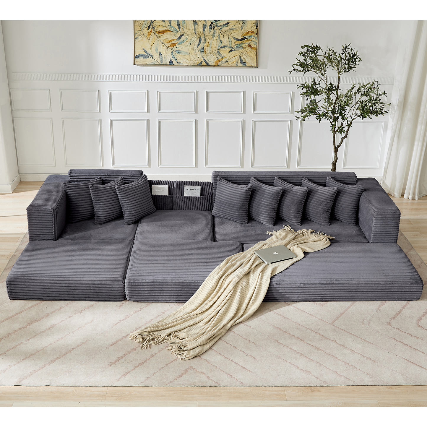 [NEW ARRIVED] [VIDEO PROVIDED] Oversize Cloud Couch, L-Shape Sofa, Convertible Floor Sleeper Sofa Bed, No Assembly ,Eight pillows,3-in-1,Side Pocket,(Left Facing Sofa),3 Seat,Corduroy,Dark Gray