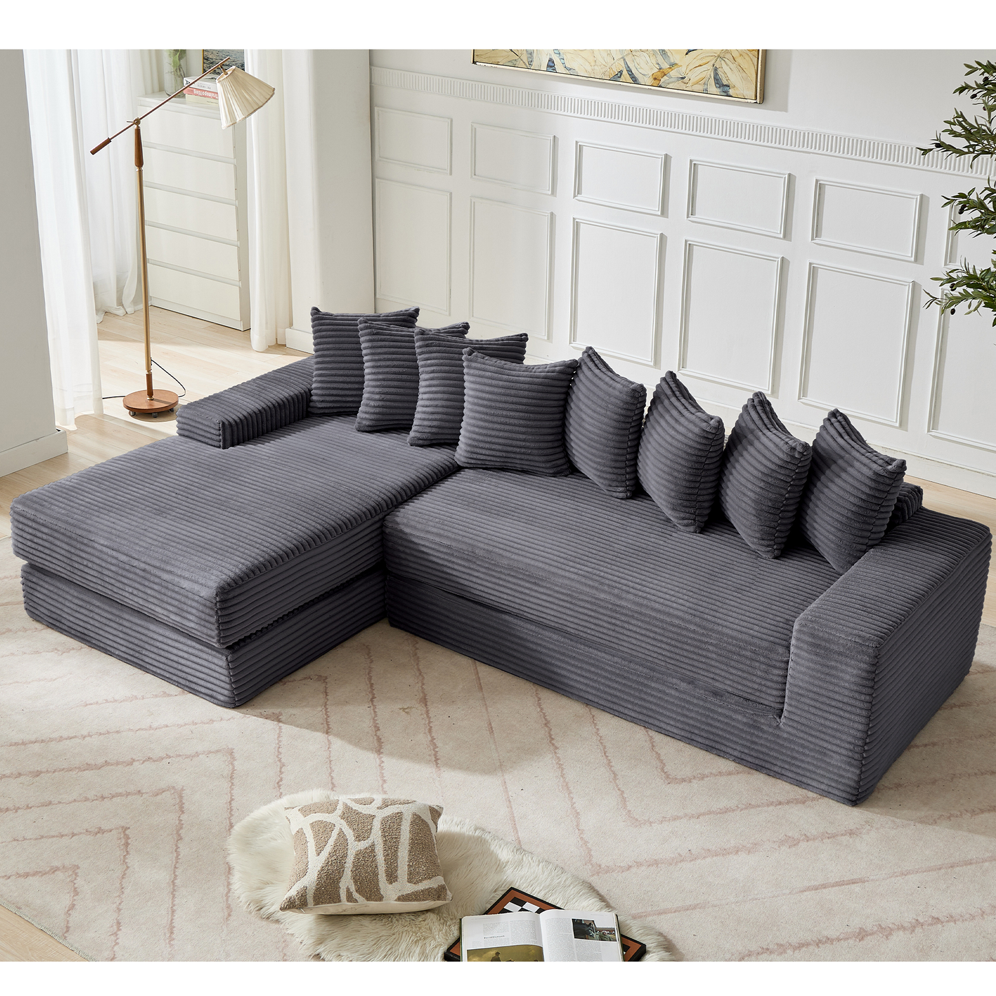 [NEW ARRIVED] [VIDEO PROVIDED] Oversize Cloud Couch, L-Shape Sofa, Convertible Floor Sleeper Sofa Bed, No Assembly ,Eight pillows,3-in-1,Side Pocket,(Left Facing Sofa),3 Seat,Corduroy,Dark Gray