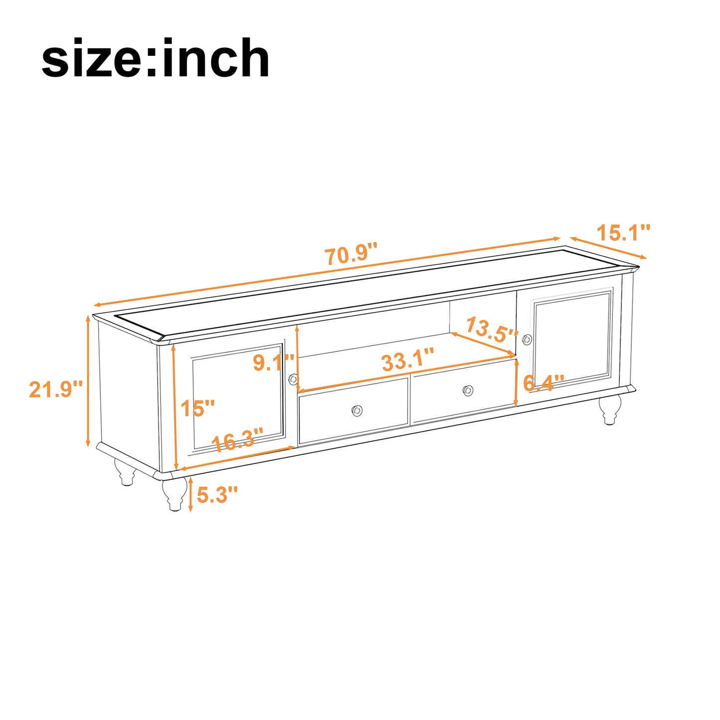 U-Can 70.9'' Modern TV Stand for TVs up to 80 Inches, Entertainment Center with Open Compartment, TV Storage Cabinet with 2 Drawers, 2 Cabinets and 5 Solid Legs for Living room