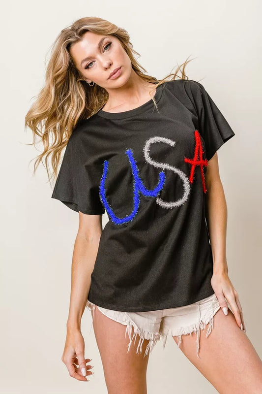 BiBi Metallic Letter Short Dolman Sleeve Top - Lee's Retail 