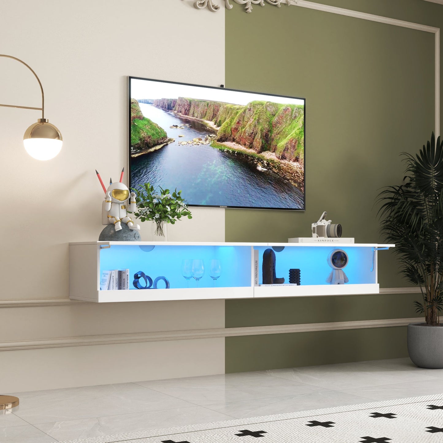 180 Wall Mounted Floating 80' TV Stand with 20 Color LEDs  and  Charging Station