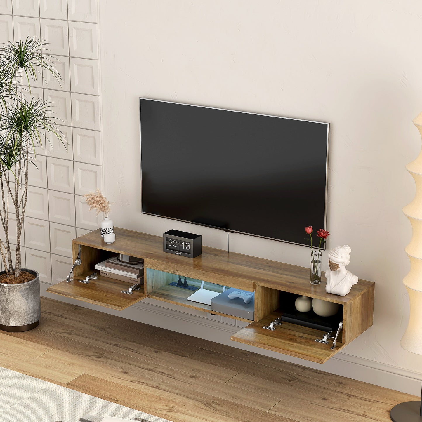 Floating TV Stand, Wall Mounted TV Shelf with LED lights & Power Outlet,Wall Mounted Floating 65' TV Stand with 16 Color LEDs-brown