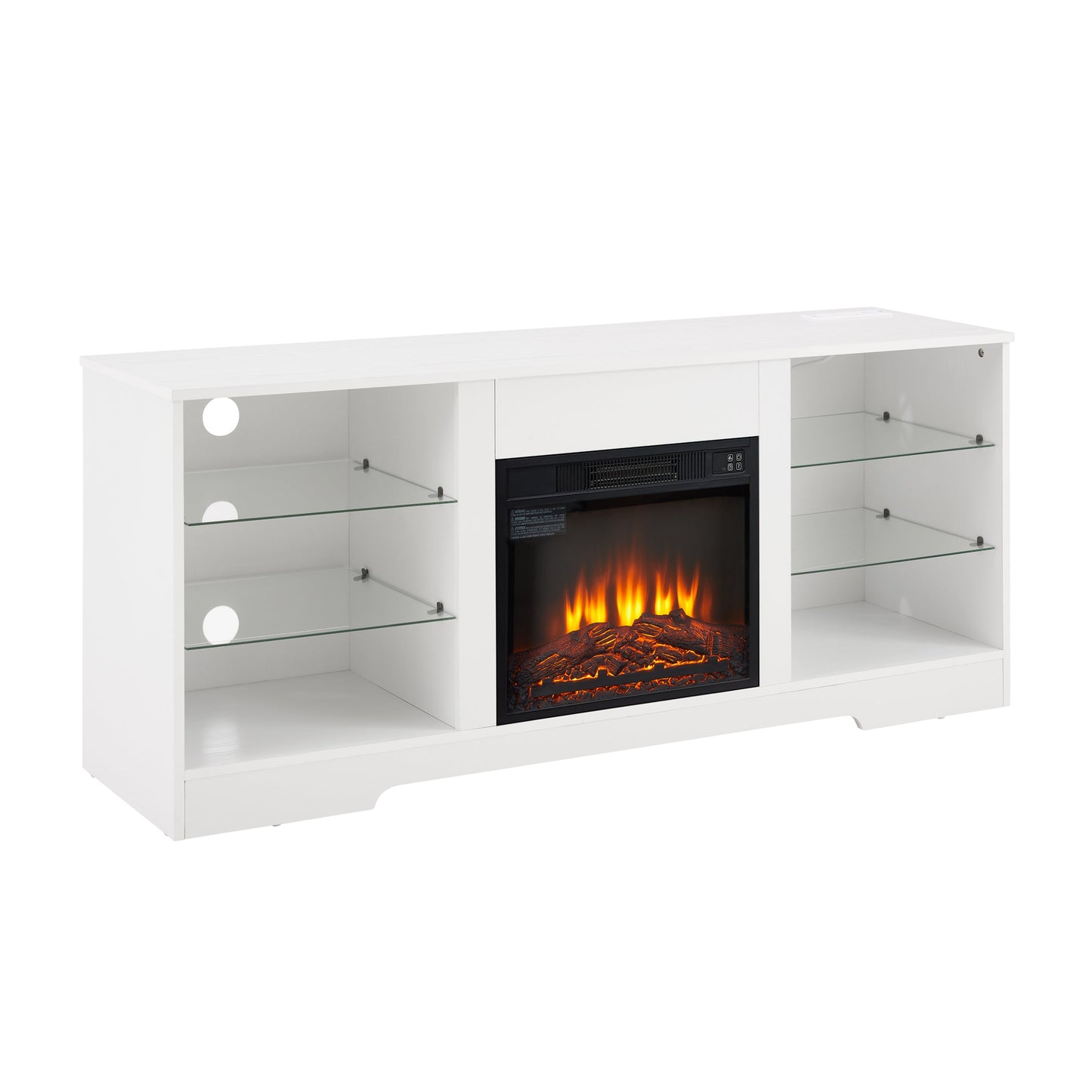 TV Stand Electric Fireplace TV Stand with Glass Shelves, 3D Fireplace TV Stand with LED Lights Wood with USB Charging Outlet Modern Television Table Center for TV up to 32-62' White 58''W*15.4''D*24.4