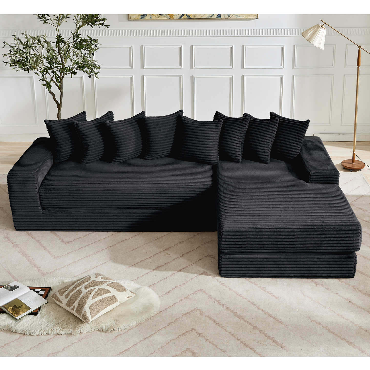 [NEW ARRIVED] [VIDEO PROVIDED] Oversize Cloud Sectional Couch, L-Shape Sofa, Convertible Floor Sleeper Sofa Bed, No Assembly,Eight pillows,3-in-1,Magazine bag,(Right Facing Sofa),3 Seat,Corduroy,Black
