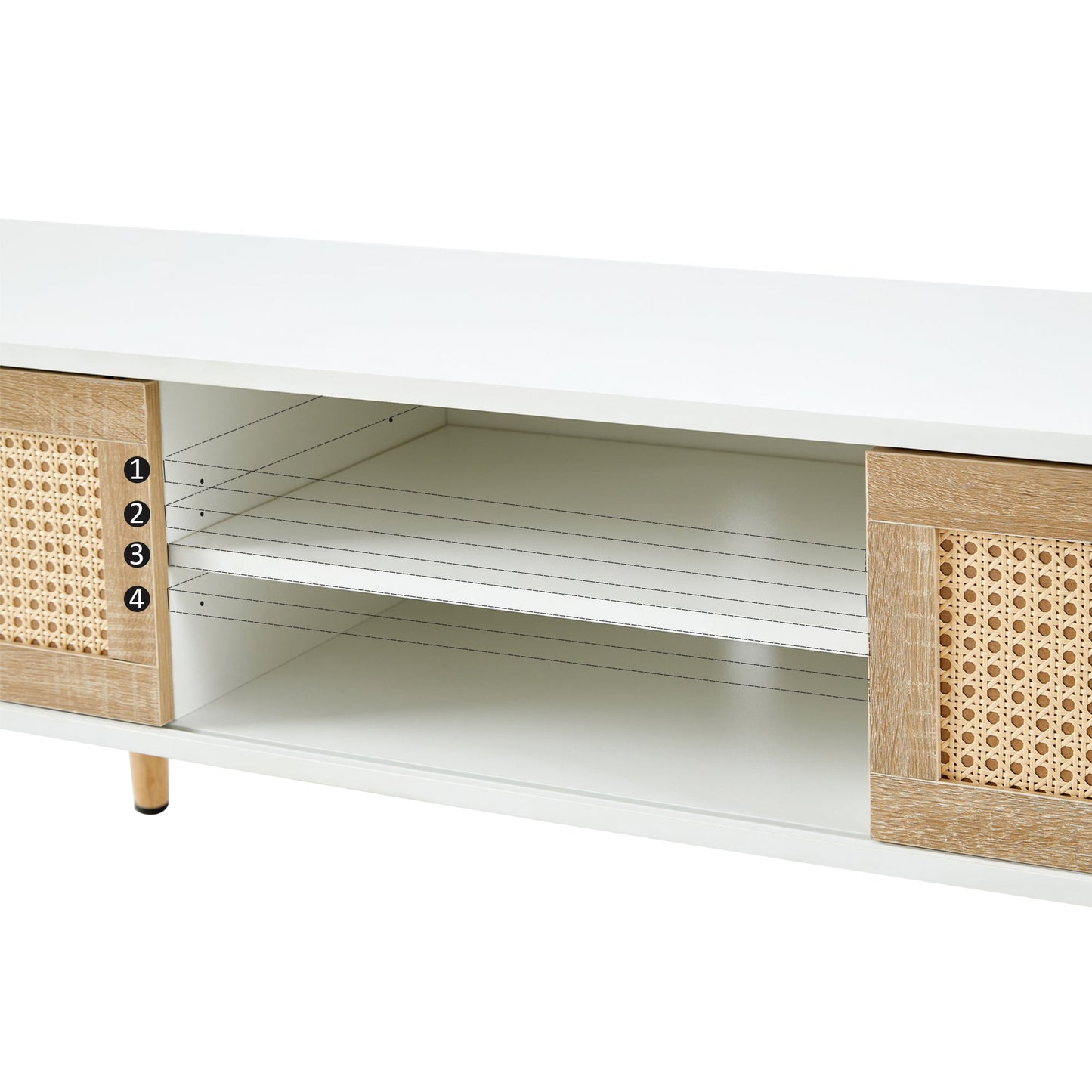 Modern Rattan TV Cabinet with Double Sliding Doors, Adjustable Shelf, Solid Wood Legs, White, 55.12 inches