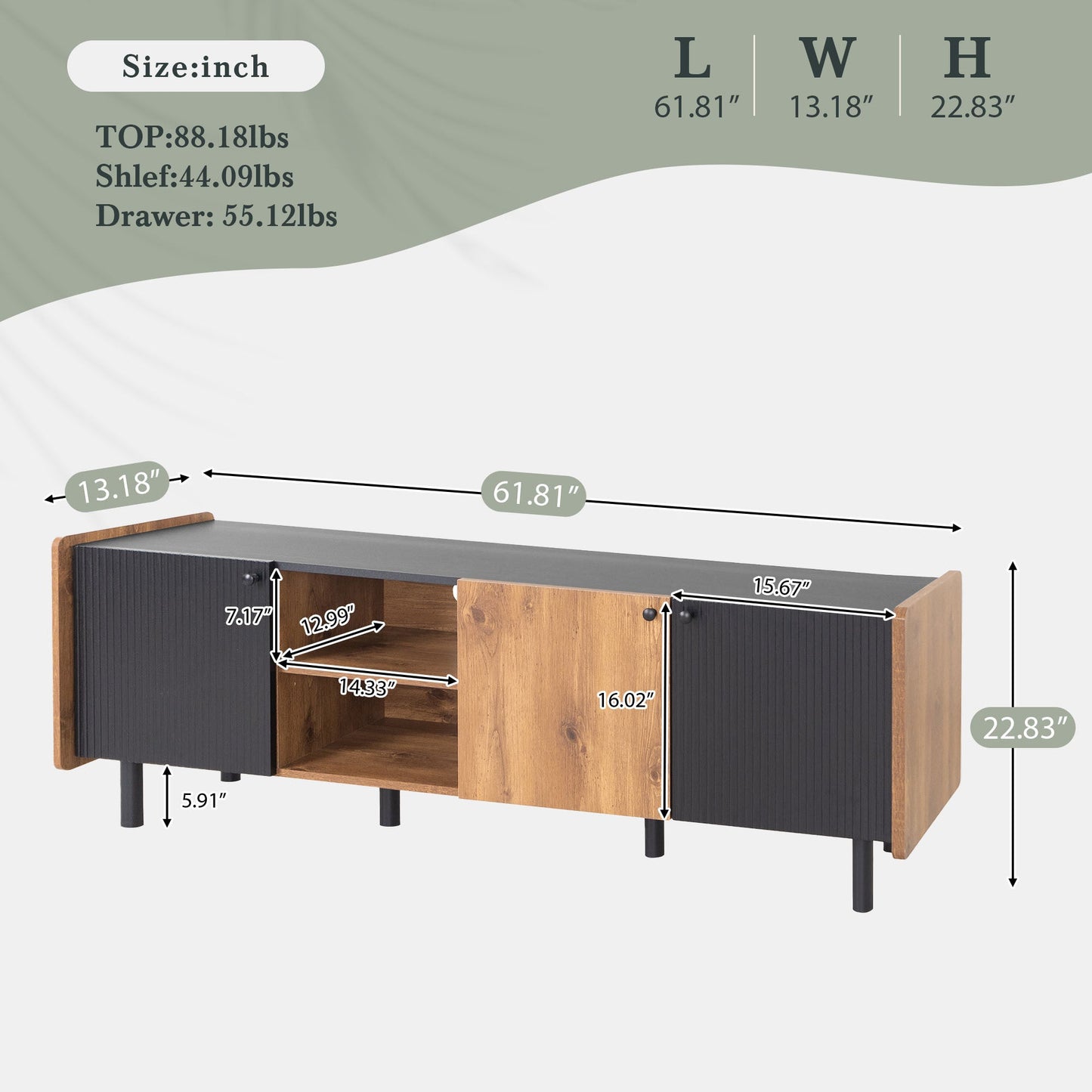 Mid Century TV Stand with 3 Cabinets, Media Console Table for TVs up to 70'', Entertainment Center with Storage for Living room, Bedroom, Black Color Top Panel & Handle