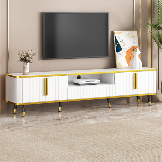 ON-TREND Luxury Minimalism TV Stand with Open Storage Shelf for TVs Up to 85', Entertainment Center with Cabinets and Drawers, Practical Media Console with Unique Legs for Living Room, White
