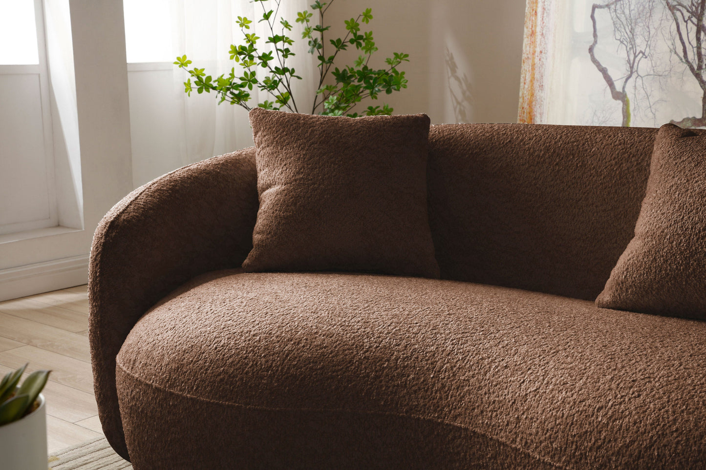 Mid Century Modern Curved Living Room Sofa,  Boucle Fabric Couch for Bedroom, Office, Apartment, Brown