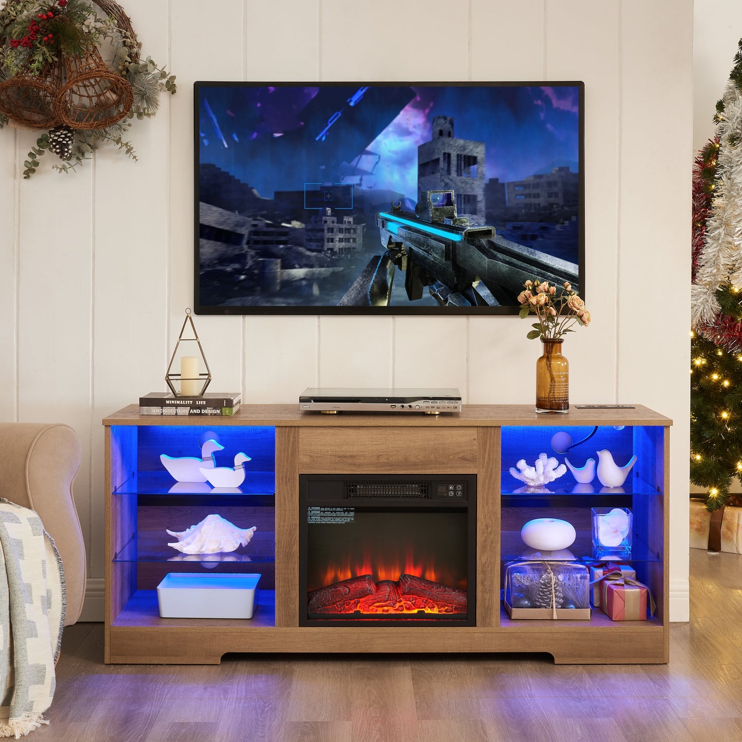 TV Stand Electric Fireplace TV Stand with Glass Shelves, 3D Fireplace TV Stand with LED Lights Wood with USB Charging Outlet Modern Television Table Center for TV up to 32-62' OAK 58'W*15.4''D*24.4
