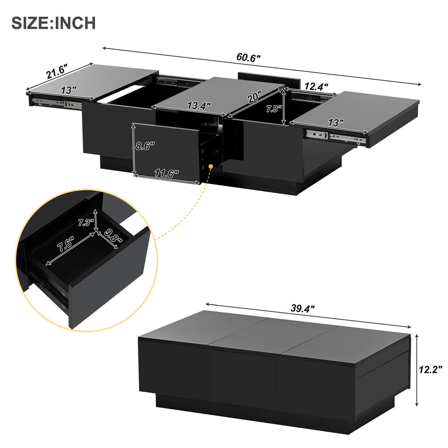 [VIDEO provided] ON-TREND Coffee Table with 2 large Hidden Storage Compartment, Extendable Cocktail Table with 2 Drawers, High-gloss Center Table with Sliding Top for Living Room, 39.3'x21.6', Black