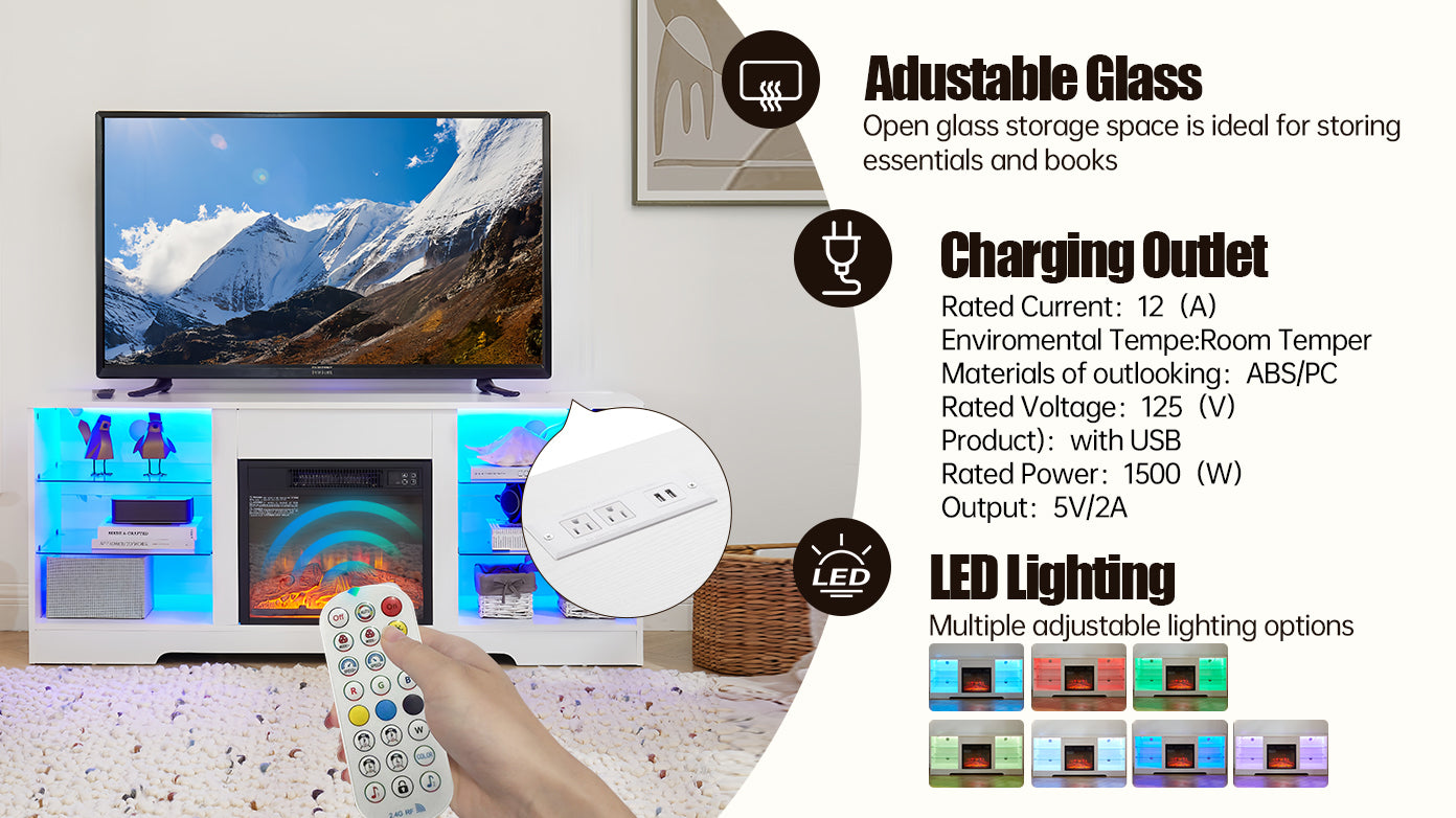 TV Stand Electric Fireplace TV Stand with Glass Shelves, 3D Fireplace TV Stand with LED Lights Wood with USB Charging Outlet Modern Television Table Center for TV up to 32-62' White 58''W*15.4''D*24.4
