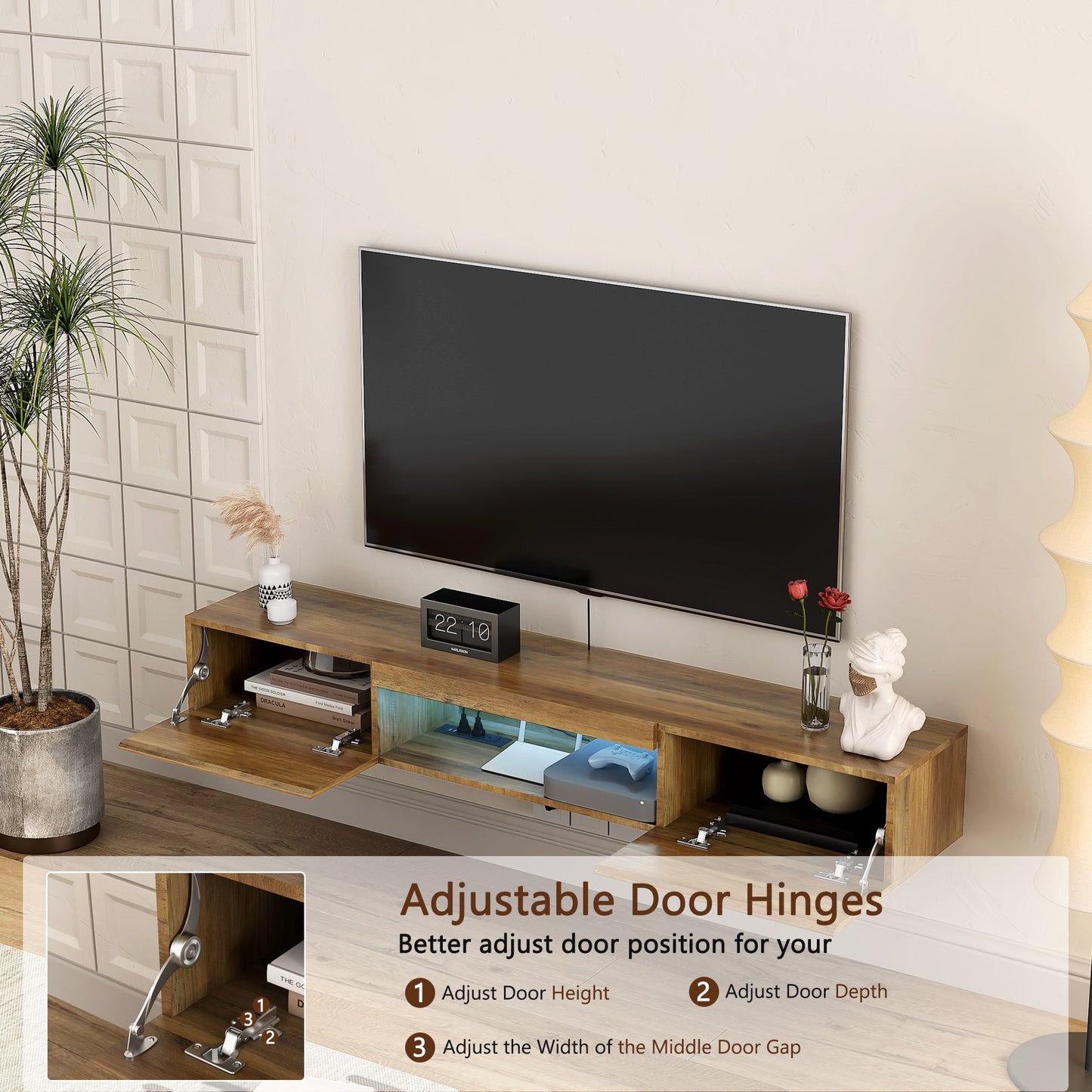 Floating TV Stand, Wall Mounted TV Shelf with LED lights & Power Outlet,Wall Mounted Floating 65' TV Stand with 16 Color LEDs-brown