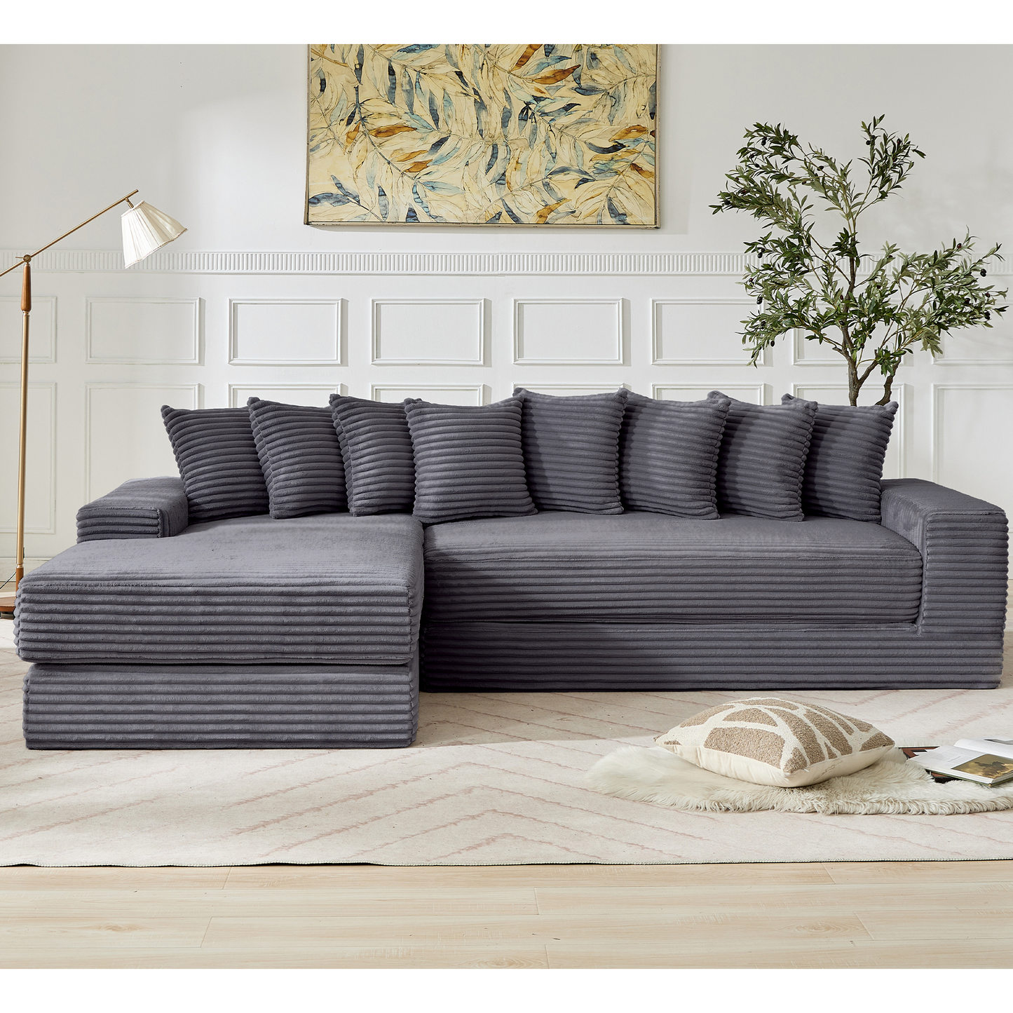 [NEW ARRIVED] [VIDEO PROVIDED] Oversize Cloud Couch, L-Shape Sofa, Convertible Floor Sleeper Sofa Bed, No Assembly ,Eight pillows,3-in-1,Side Pocket,(Left Facing Sofa),3 Seat,Corduroy,Dark Gray