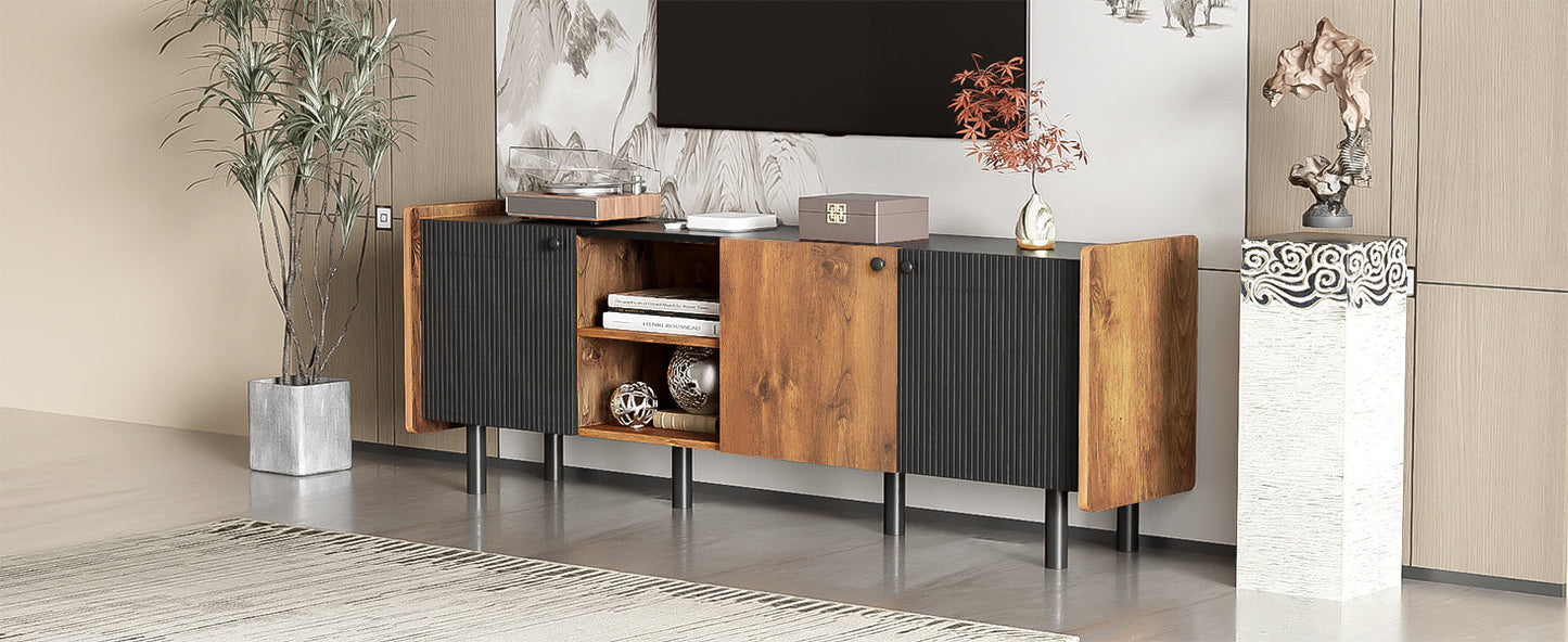 Mid Century TV Stand with 3 Cabinets, Media Console Table for TVs up to 70'', Entertainment Center with Storage for Living room, Bedroom, Black Color Top Panel & Handle