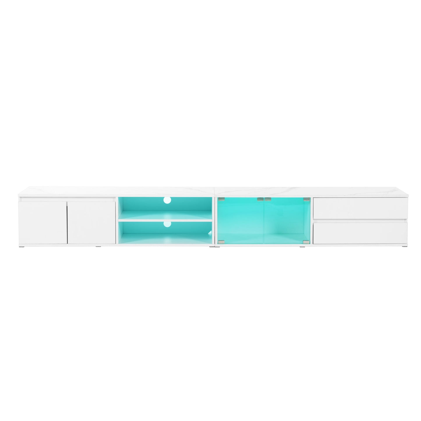 ON-TREND Modern APP Controlled LED TV Stand for TVs Up to 105'', Faux Marble Tabletop Media Console with Tempered Glass Doors, Entertainment Center with 2 Drawers & Cabinets for Living Room, White