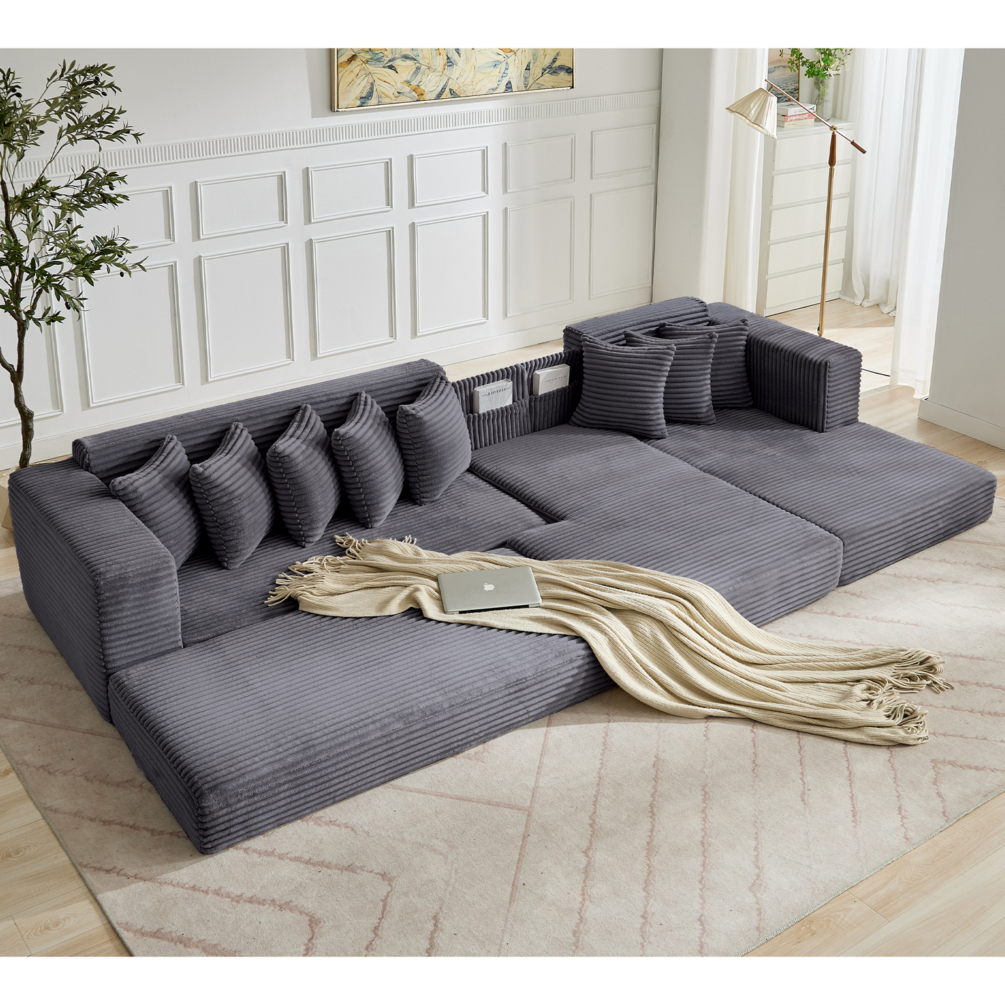 [NEW ARRIVED] [VIDEO PROVIDED] Oversize Cloud Couch, L-Shape Sofa, Convertible Floor Sleeper Sofa Bed, No Assembly ,Eight pillows,3-in-1,Magazine bag,(Right Facing Sofa),3 Seat,Corduroy,Dark Gray