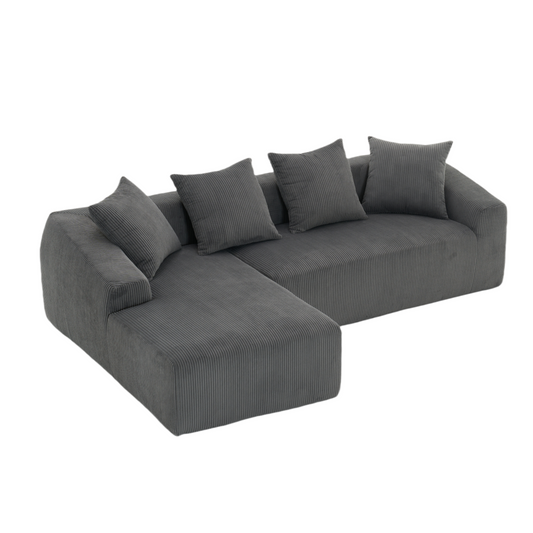 LY-023 Grey Compression Sofa: Corduroy Fabric, Chaise Longue and 3-Seater Combination with 4 Pillows