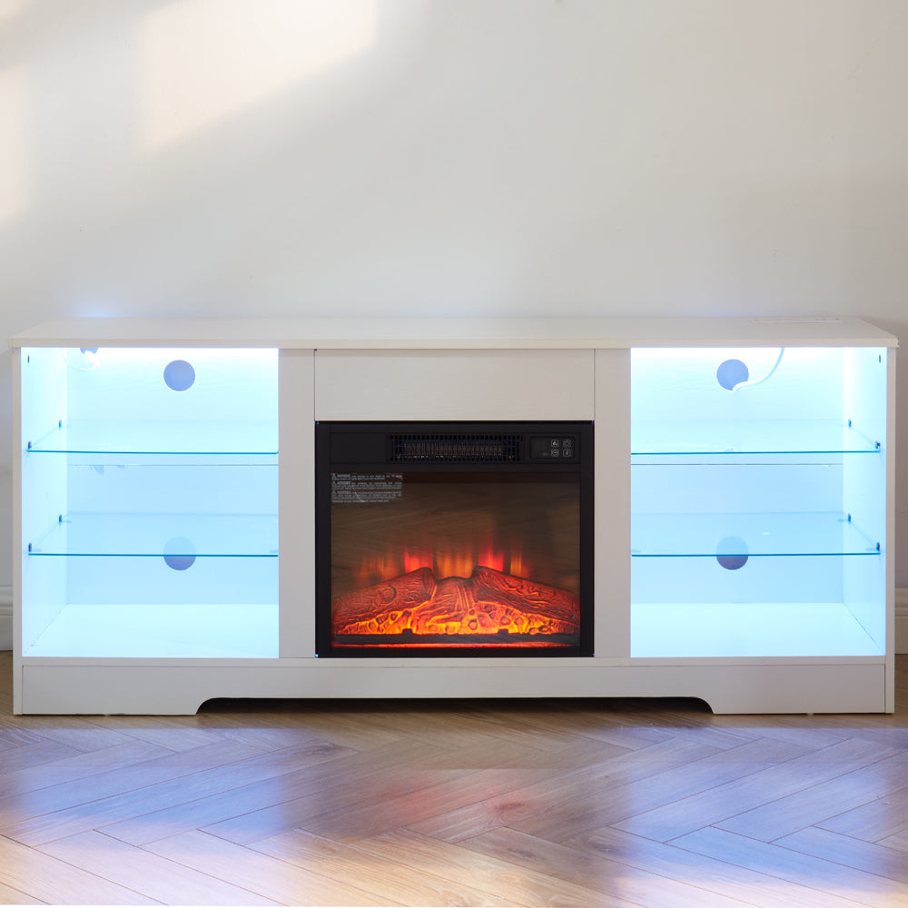 TV Stand Electric Fireplace TV Stand with Glass Shelves, 3D Fireplace TV Stand with LED Lights Wood with USB Charging Outlet Modern Television Table Center for TV up to 32-62' White 58''W*15.4''D*24.4