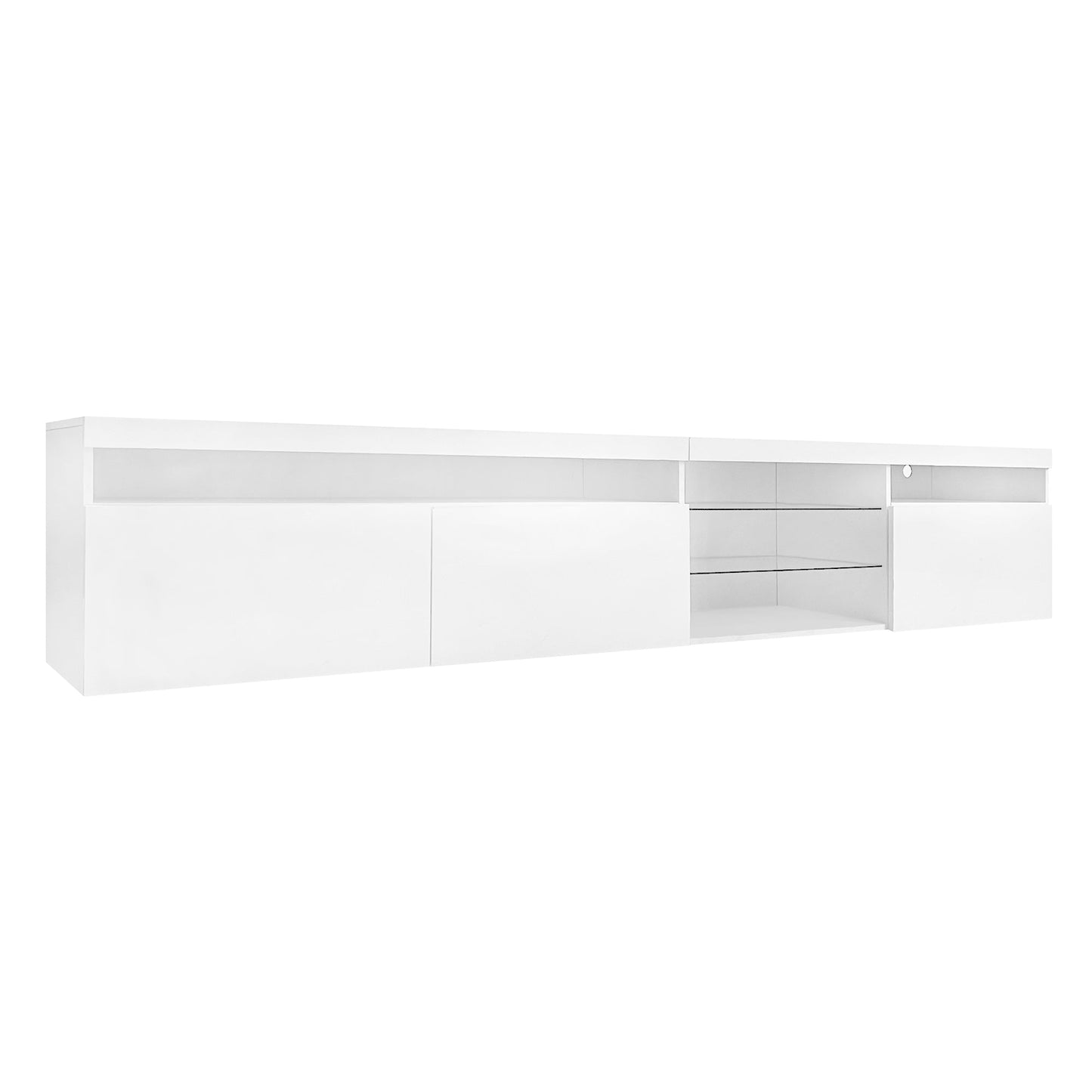 ON-TREND Unique Design TV Stand with 2 Glass Shelves, Ample Storage Space Media Console for TVs Up to 105', Versatile TV Cabinet with LED Color Changing Lights for Living Room, White