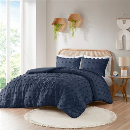 3 Piece Navy Pompom Microfiber Hypoallergenic Comforter Set