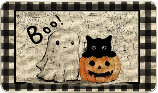 Halloween Ghost Boo Welcome Doormat, Black Cat Pumpkin Doormats Spooky Holiday Decor Front Door Mat Non-Slip Entrance Mat Low Profile Kitchen Floor Rug Decor for Home Patio 17 x 29 Inch