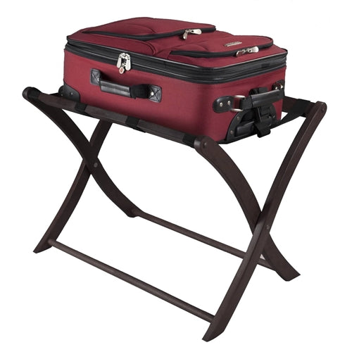 Solid Wood Folding Luggage Rack in Dark Brown Finish with Black Nylon Straps