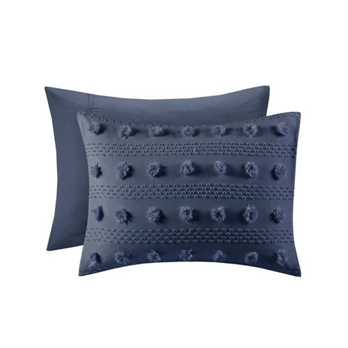 3 Piece Navy Pompom Microfiber Hypoallergenic Comforter Set