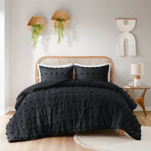 3 Piece Pompom Microfiber Hypoallergenic Comforter Set in Black