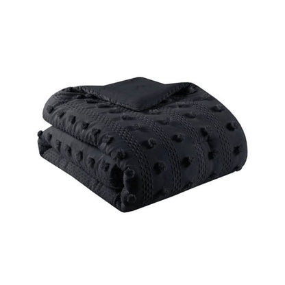 3 Piece Pompom Microfiber Hypoallergenic Comforter Set in Black