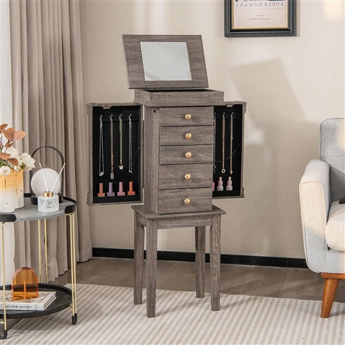 5-Drawer Jewelry Armoire Cabinet with Top Mirror in Grey Wood Finish