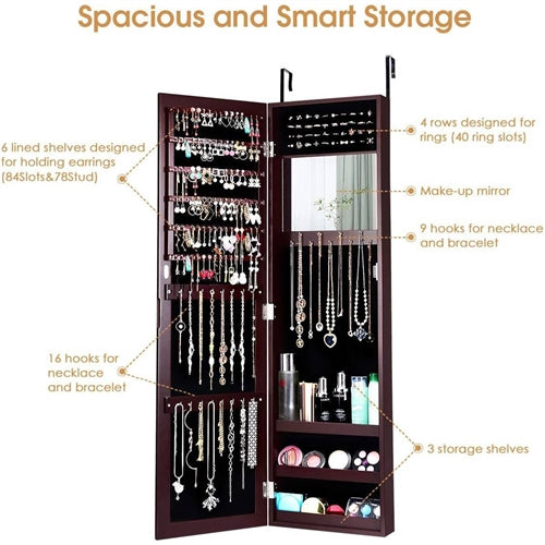 2-in-1 Dark Brown Wall or Door Mounted Jewelry Organizer Full Length Mirror