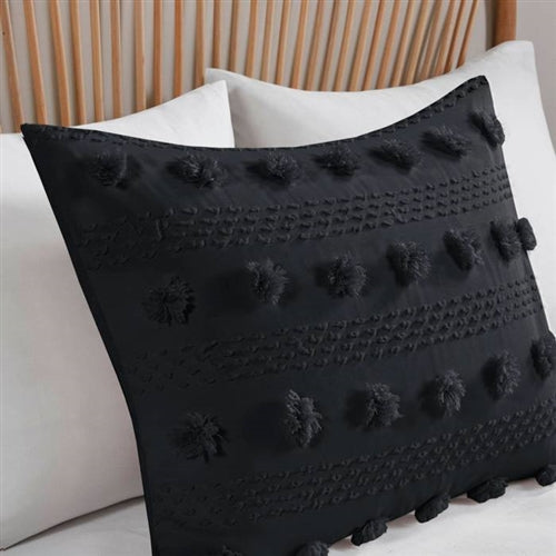 3 Piece Pompom Microfiber Hypoallergenic Comforter Set in Black