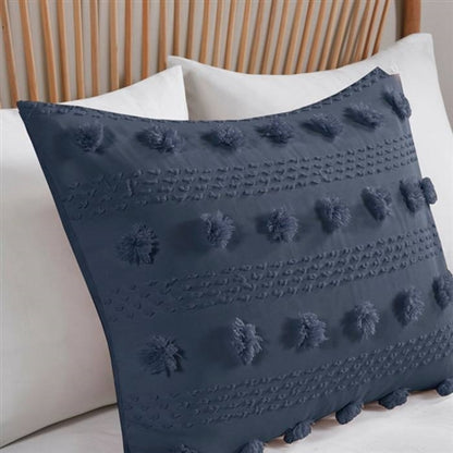 3 Piece Navy Pompom Microfiber Hypoallergenic Comforter Set