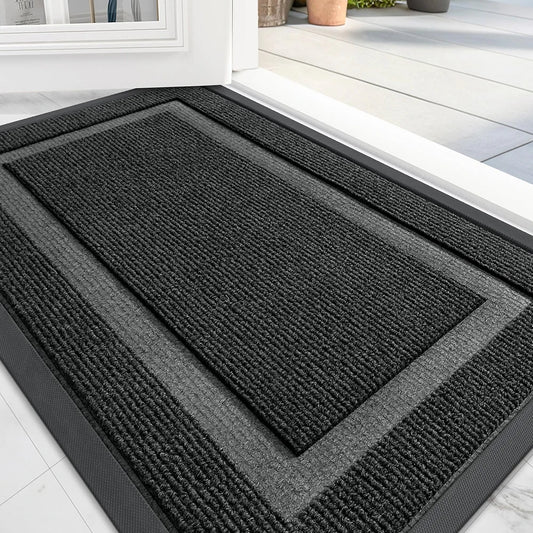 Front Door Mat Indoor Outdoor Entrance, Waterproof All-Season, All-Weather Doormat, Sturdy Natural Rubber, Fade Resistant, Low Profile, Easy Clean Patio Porch Entryway Mat, 29.5x17, Black
