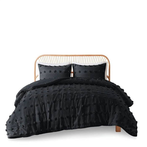 3 Piece Pompom Microfiber Hypoallergenic Comforter Set in Black