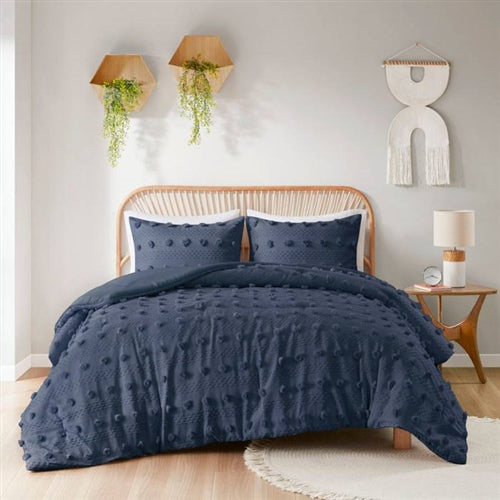 3 Piece Navy Pompom Microfiber Hypoallergenic Comforter Set