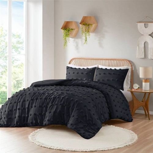 3 Piece Pompom Microfiber Hypoallergenic Comforter Set in Black